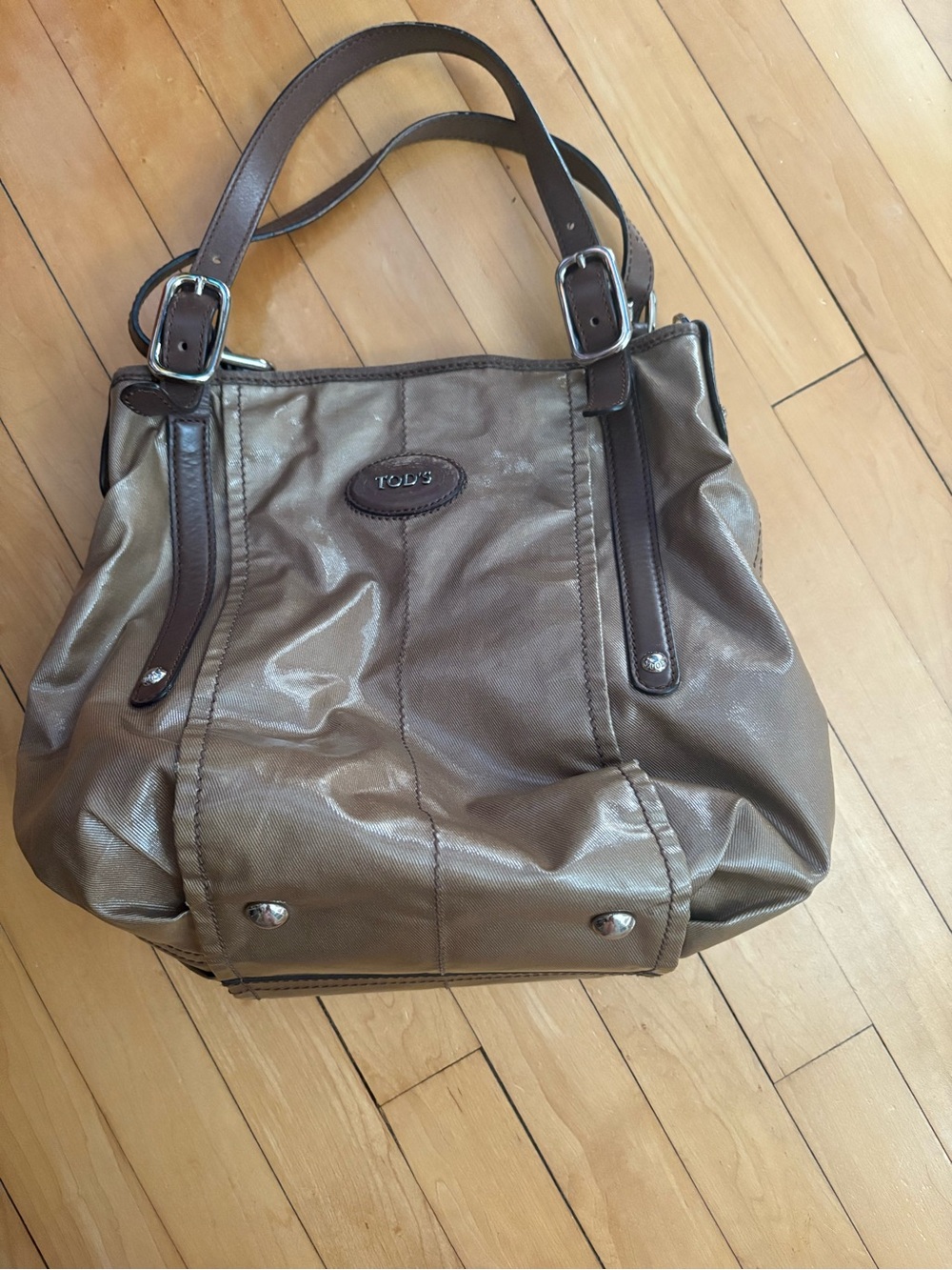 Tod's Taupe-Brown Leather Trim Shoulder Bag